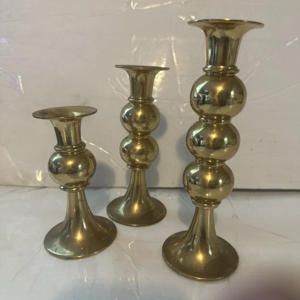 Vintage Solid Brass Bubble Ball Candle Stick Holders Set Of 3 Tele flora